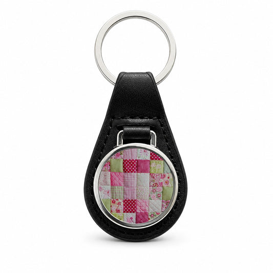 Patchwork Quilt Pink Black Leather Metal Keychain