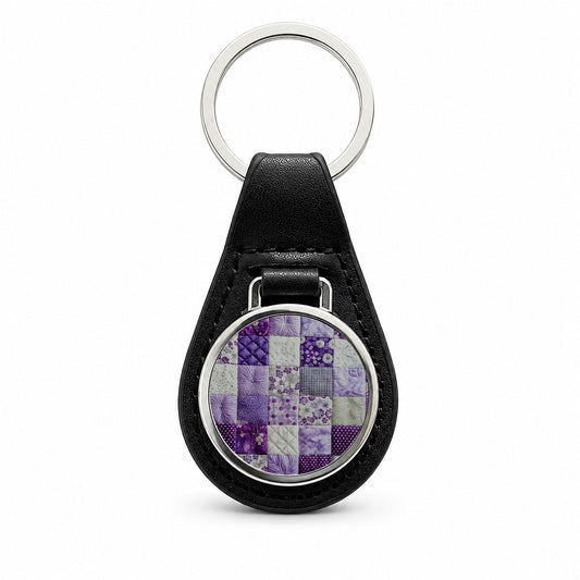 Patchwork Quilt Purple Black Leather Metal Keychain
