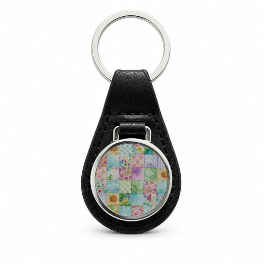 Patchwork Quilt Watercolor Black Leather Metal Keychain