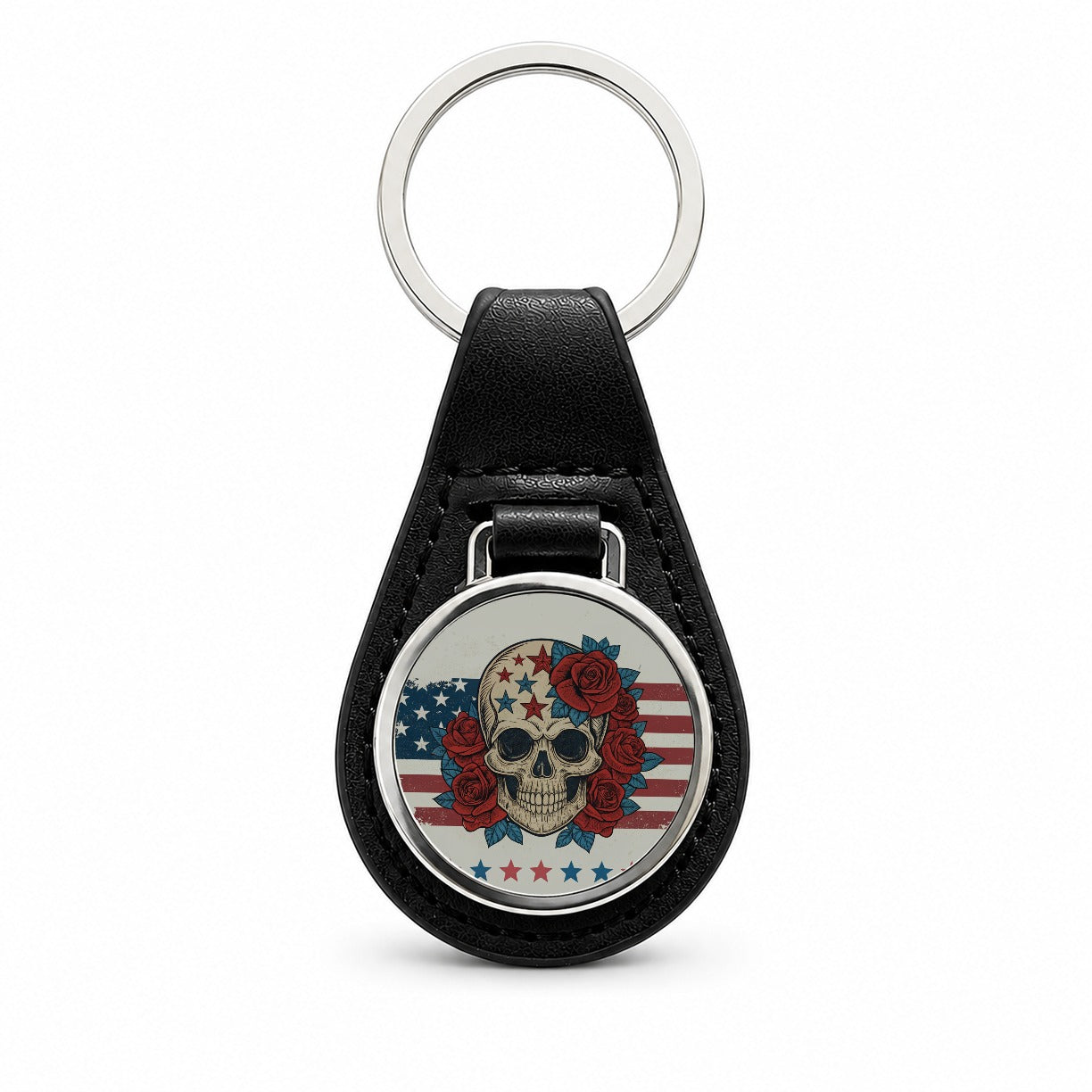 Patriotic Skull American Flag Distressed Black Leather Metal Keychain
