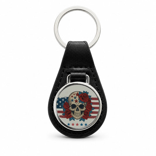 Patriotic Skull American Flag Distressed Black Leather Metal Keychain