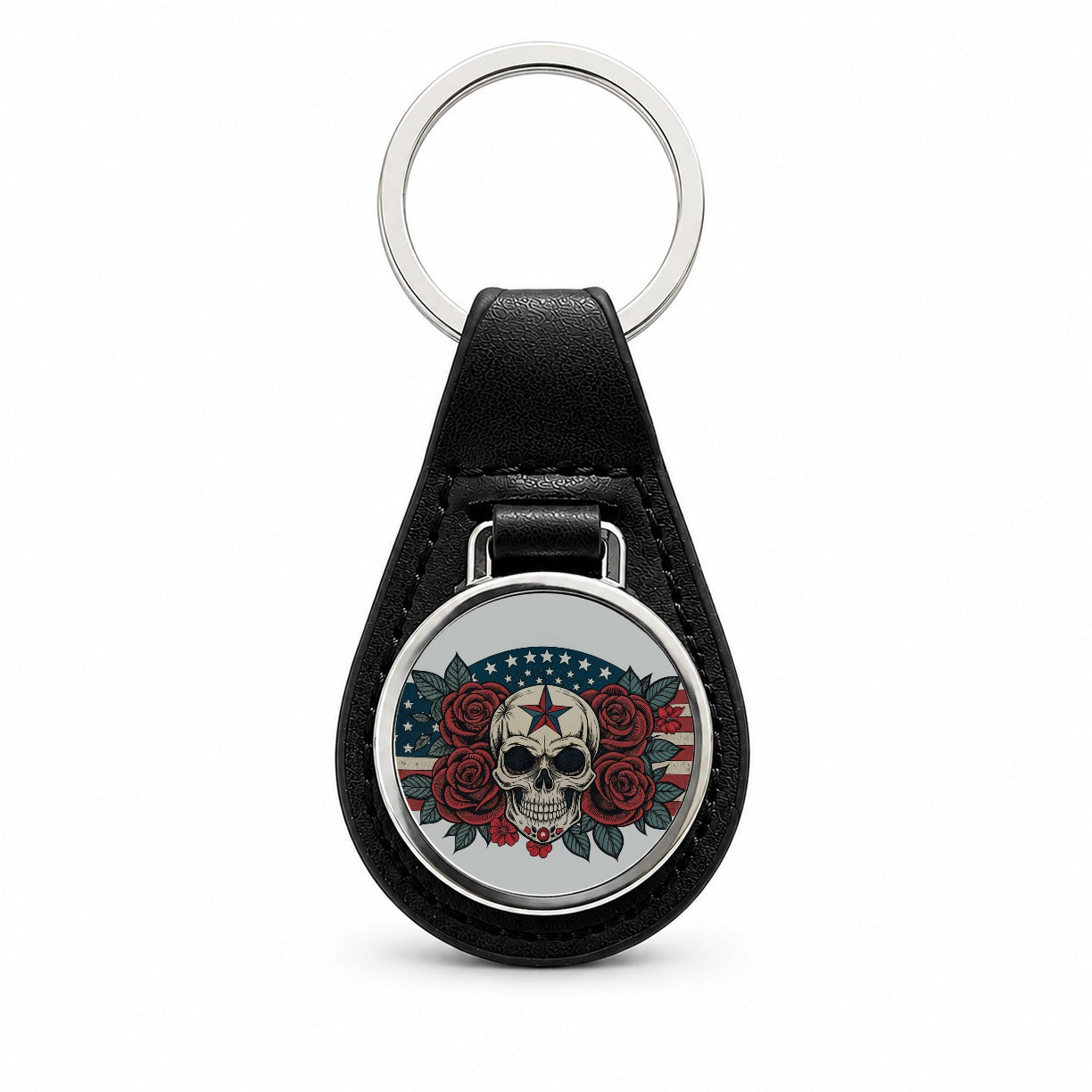 Patriotic Skull USA American Flag Black Leather Metal Keychain