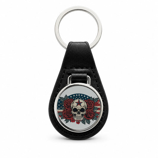 Patriotic Skull USA American Flag Black Leather Metal Keychain