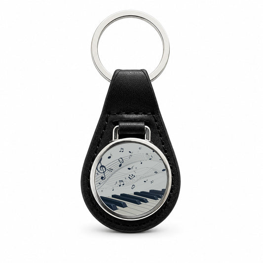 Piano Keys Musical Notes In Motion Black Leather Metal Keychain
