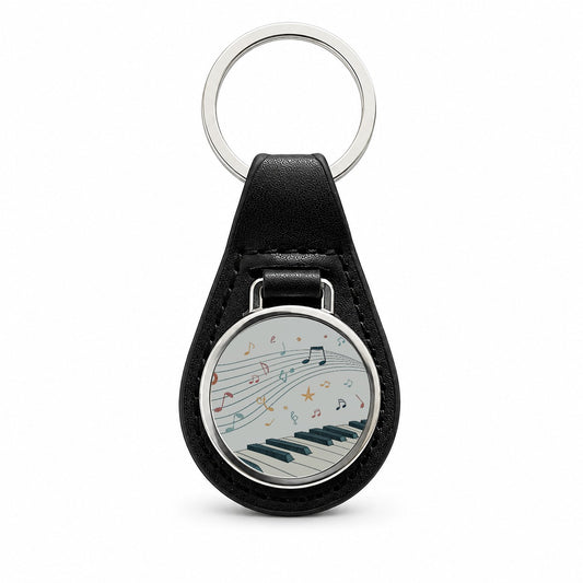 Piano Music Flow Black Leather Metal Keychain