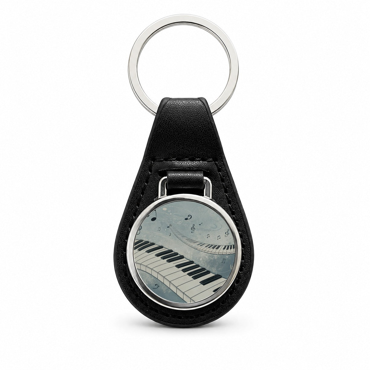 Piano Music Flowing Keys Black Leather Metal Keychain