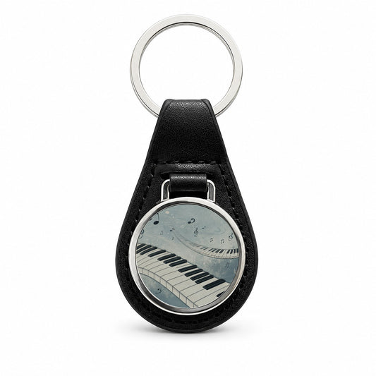 Piano Music Flowing Keys Black Leather Metal Keychain