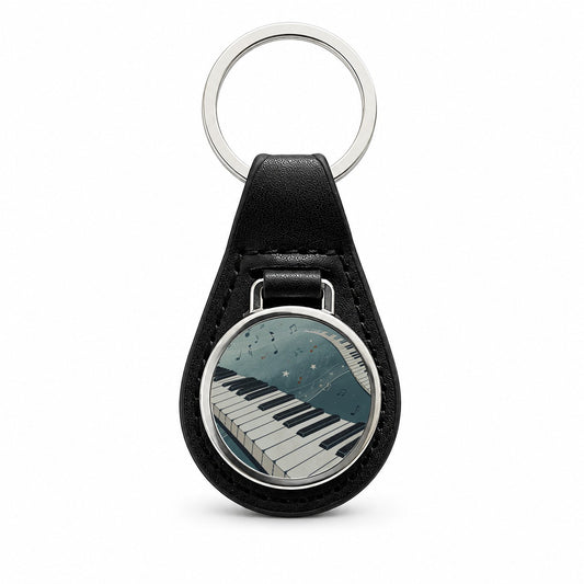 Piano Music Wave Black Leather Metal Keychain