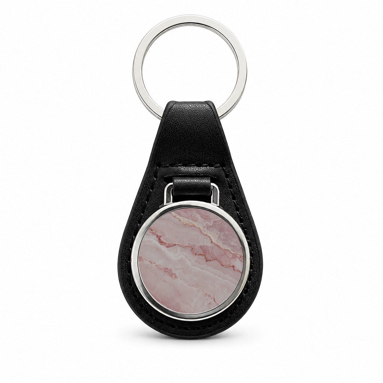 Pink Marble Pattern Black Leather Metal Keychain