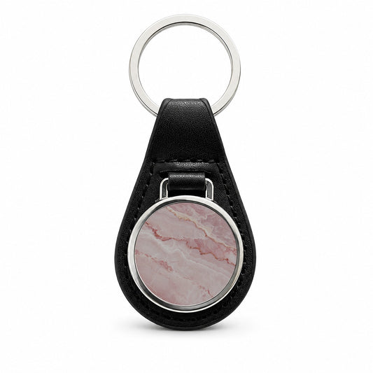 Pink Marble Pattern Black Leather Metal Keychain