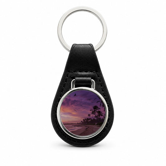 Purple Sunset On Beach Black Leather Metal Keychain