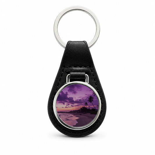 Purple Sunset Seascape Beach Black Leather Metal Keychain