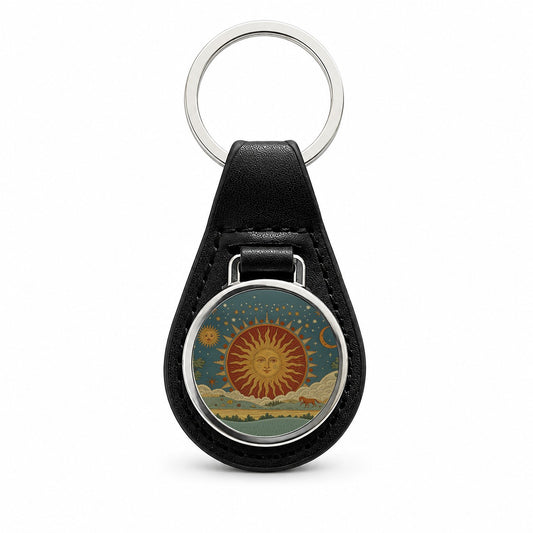 Radiant Sun Tarot Design Black Leather Metal Keychain