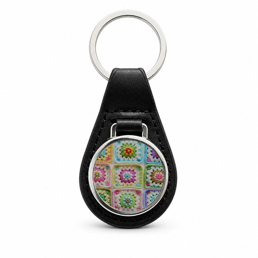 Rainbow Crochet Granny Squares Black Leather Metal Keychain