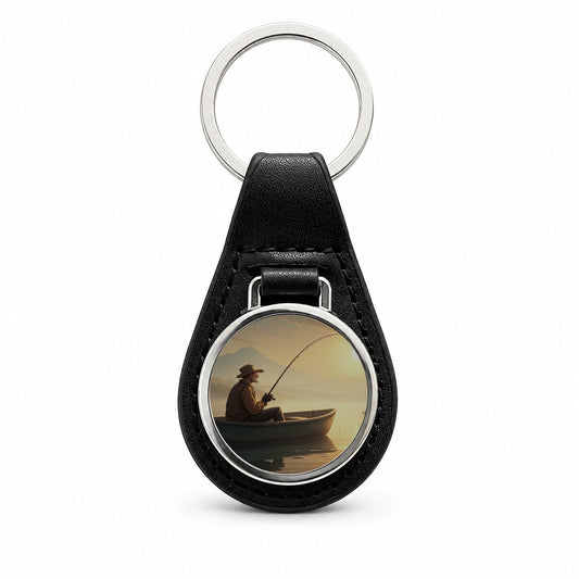 Relaxed Fisherman Lake Sunrise Black Leather Metal Keychain