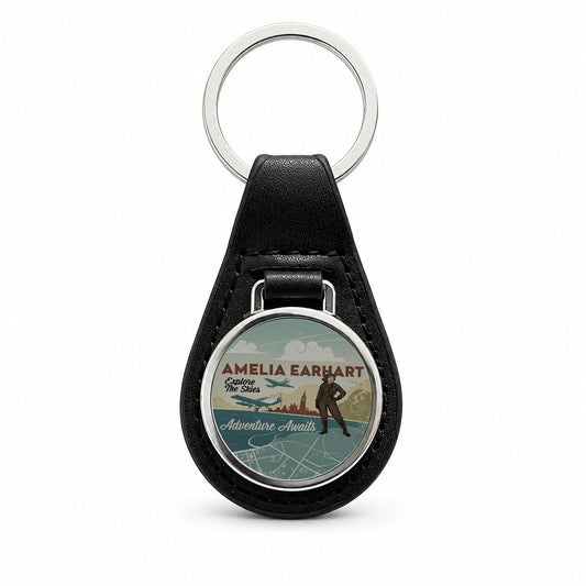Retro Amelia Earhart Flight Adventure Black Leather Metal Keychain