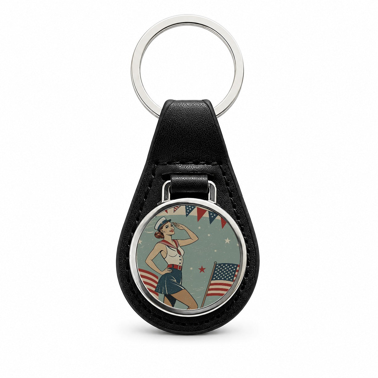 Retro Patriotic Pinup Style USA America Black Leather Metal Keychain