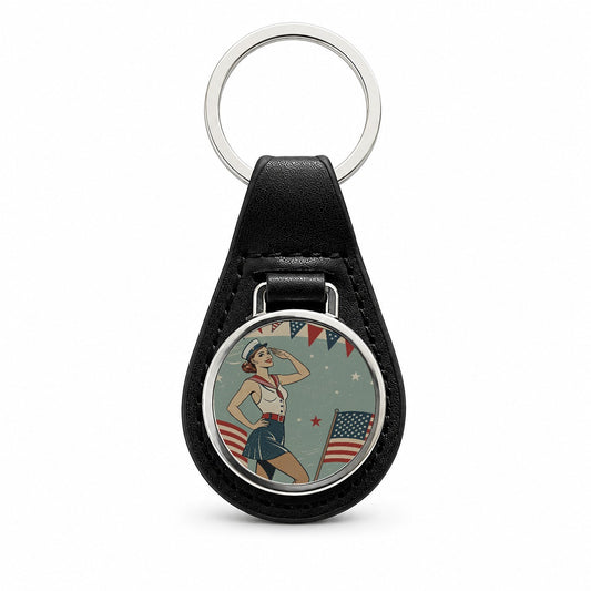 Retro Patriotic Pinup Style USA America Black Leather Metal Keychain