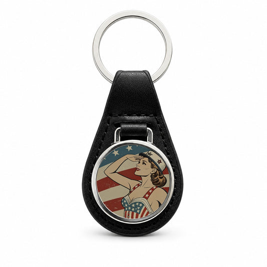 Retro Patriotic Sailor Pinup USA America Black Leather Metal Keychain