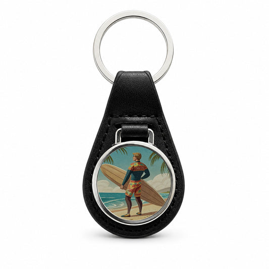 Retro Surfer Beach Scene Black Leather Metal Keychain