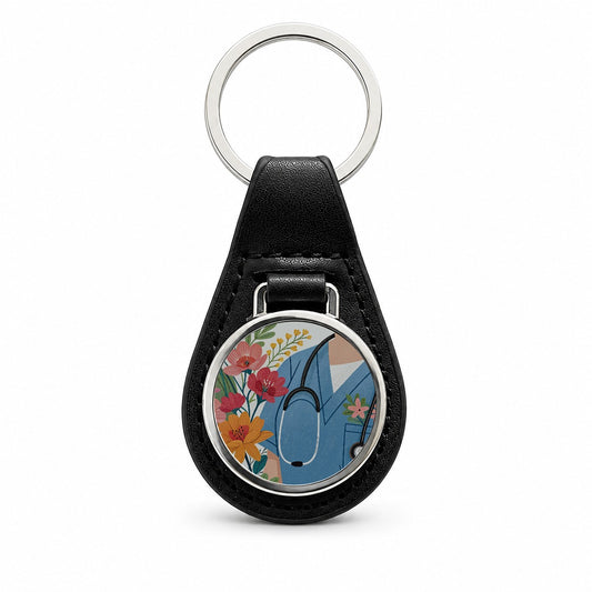 RN LVN Floral Nurse Black Leather Metal Keychain