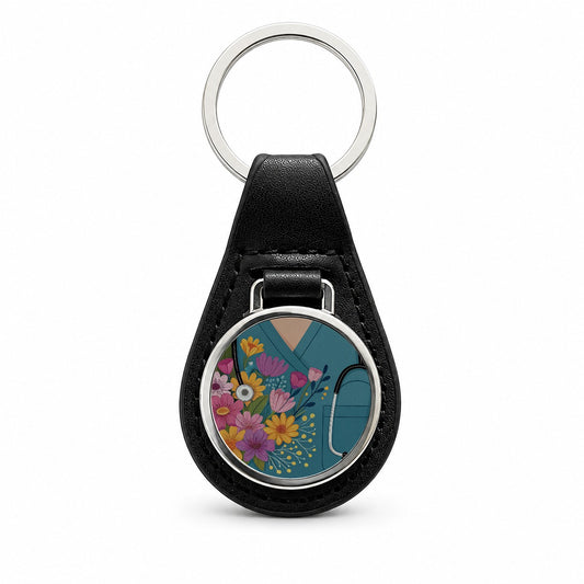 RN LVN Nurse Flowers Black Leather Metal Keychain