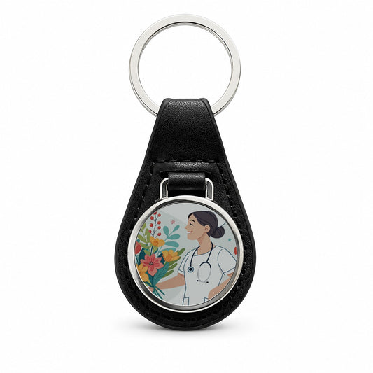 RN LVN Nurse Nursing Flowers Black Leather Metal Keychain