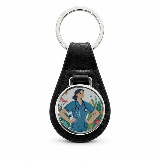RN LVN Wildflower Nurse Black Leather Metal Keychain