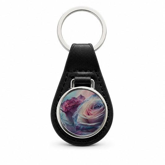 Roses Flowers Blooms Black Leather Metal Keychain
