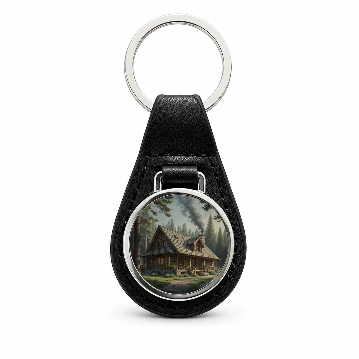 Rustic Hunting Lodge Log Cabin Black Leather Metal Keychain