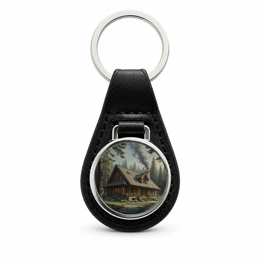 Rustic Hunting Lodge Log Cabin Black Leather Metal Keychain