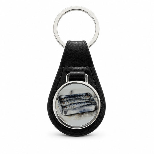 Sardines Fish In Tin Watercolor Black Leather Metal Keychain