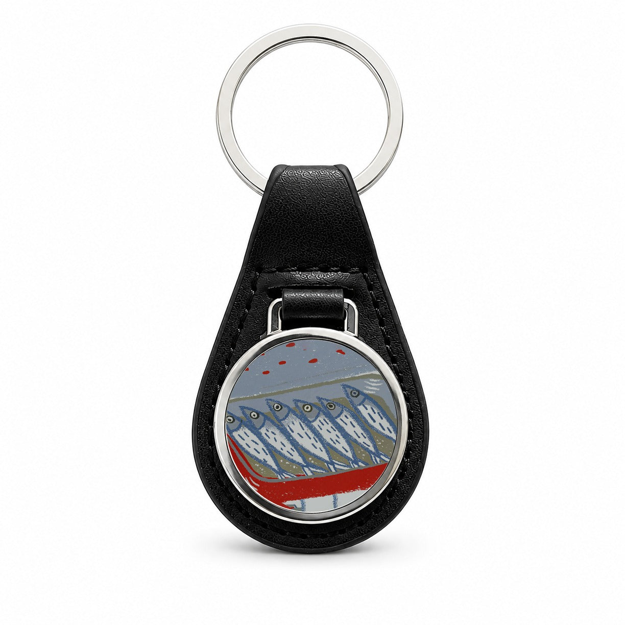 Sardines Fish In Tin Black Leather Metal Keychain
