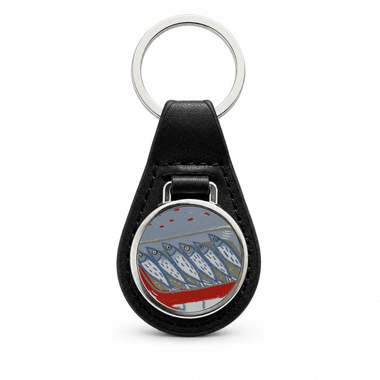 Sardines Fish In Tin Black Leather Metal Keychain