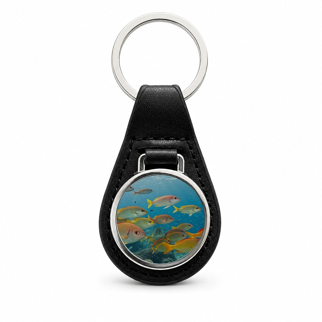 School of Fish Underwater Tropical Black Leather Metal Keychain