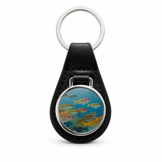 School of Fish Underwater Tropical Black Leather Metal Keychain