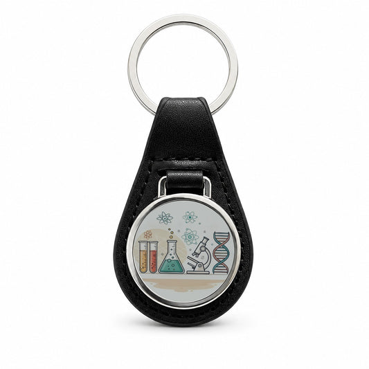 Science Laboratory Chemistry Biology Physics Black Leather Metal Keychain