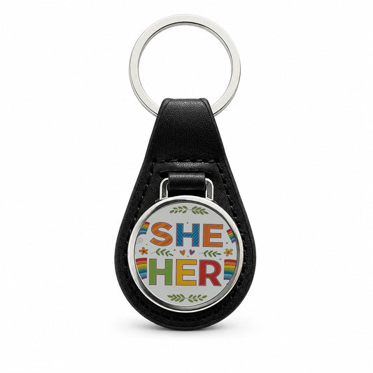 She Her Rainbow Pride Black Leather Metal Keychain