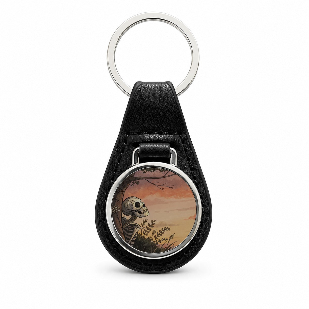Skeleton Meadow Sunset Halloween Black Leather Metal Keychain