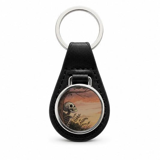 Skeleton Meadow Sunset Halloween Black Leather Metal Keychain