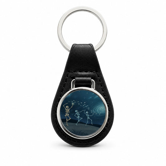 Skeleton Moon Dance Halloween Black Leather Metal Keychain