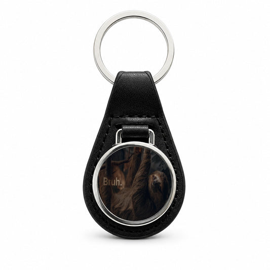 Sloth Saying Bruh Funny Black Leather Metal Keychain