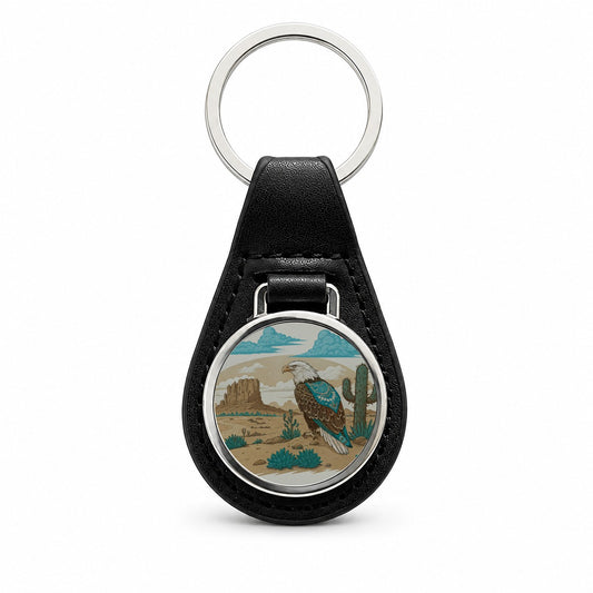Southwestern Bald Eagle Desert Black Leather Metal Keychain