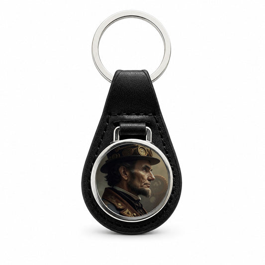 Steampunk Abraham Lincoln Portrait Black Leather Metal Keychain
