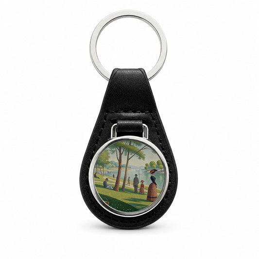 Sunday in the Park Seurat Inspired Black Leather Metal Keychain