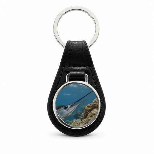 Swordfish Deep Sea Reef Black Leather Metal Keychain