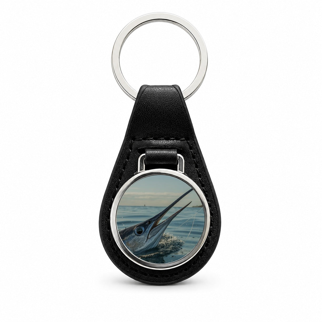 Swordfish Surface Fishing Black Leather Metal Keychain