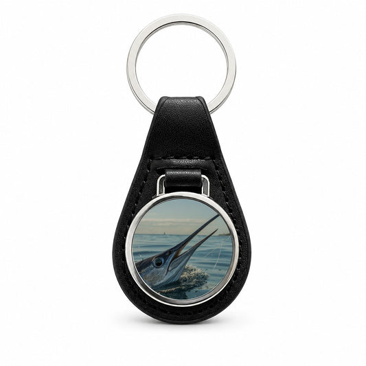 Swordfish Surface Fishing Black Leather Metal Keychain