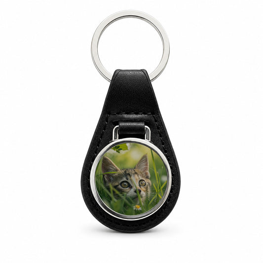 Tabby Cat In Nature Black Leather Metal Keychain