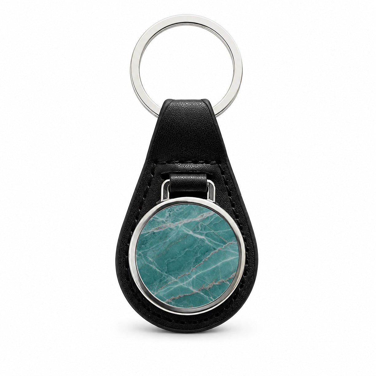 Teal Marble Abstract Texture Black Leather Metal Keychain